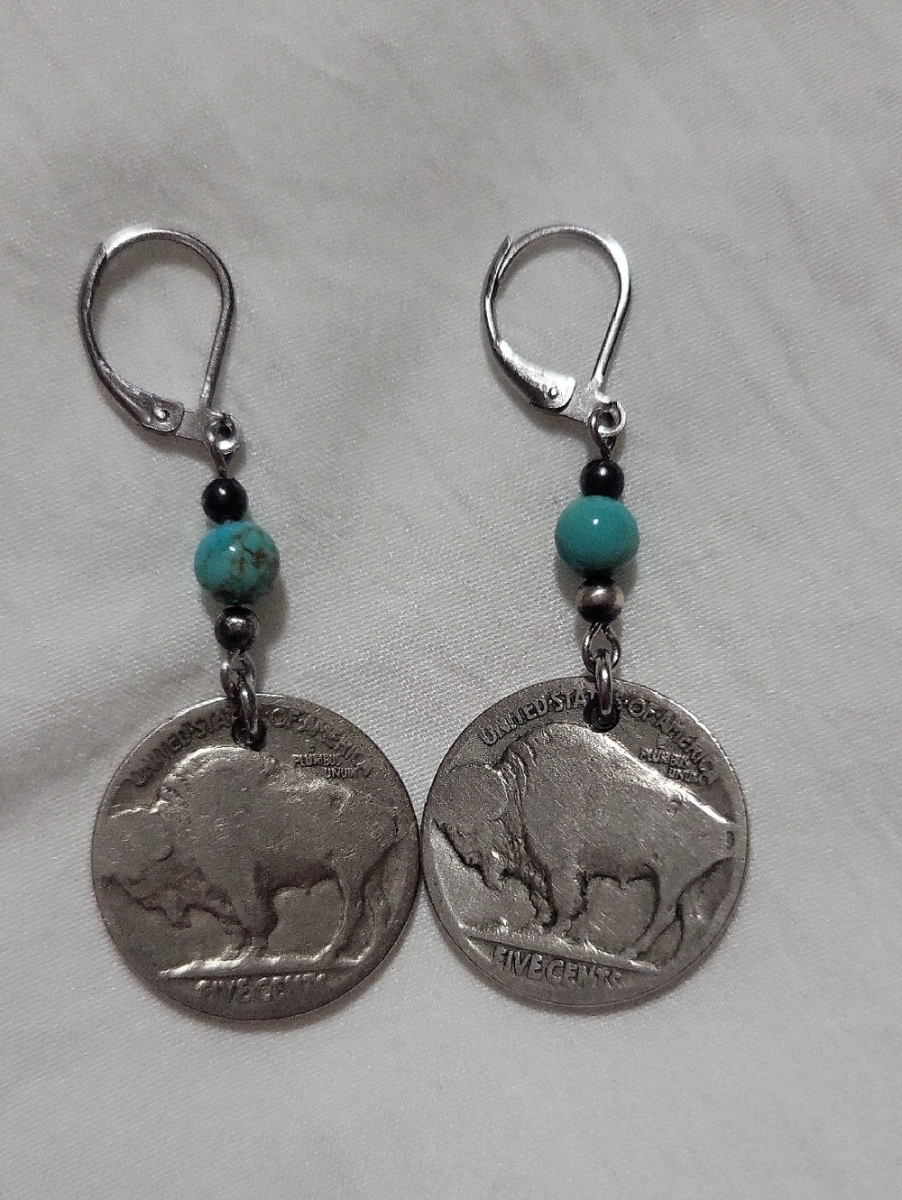 Buffalo Nickel Earrings with Turquoise And Sterling Silver Beads.